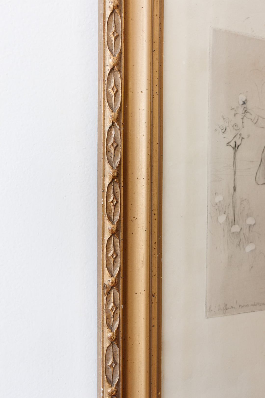 antique french satirical pencil drawing — "Oh! les fleurs! nous adorons les fleurs!"