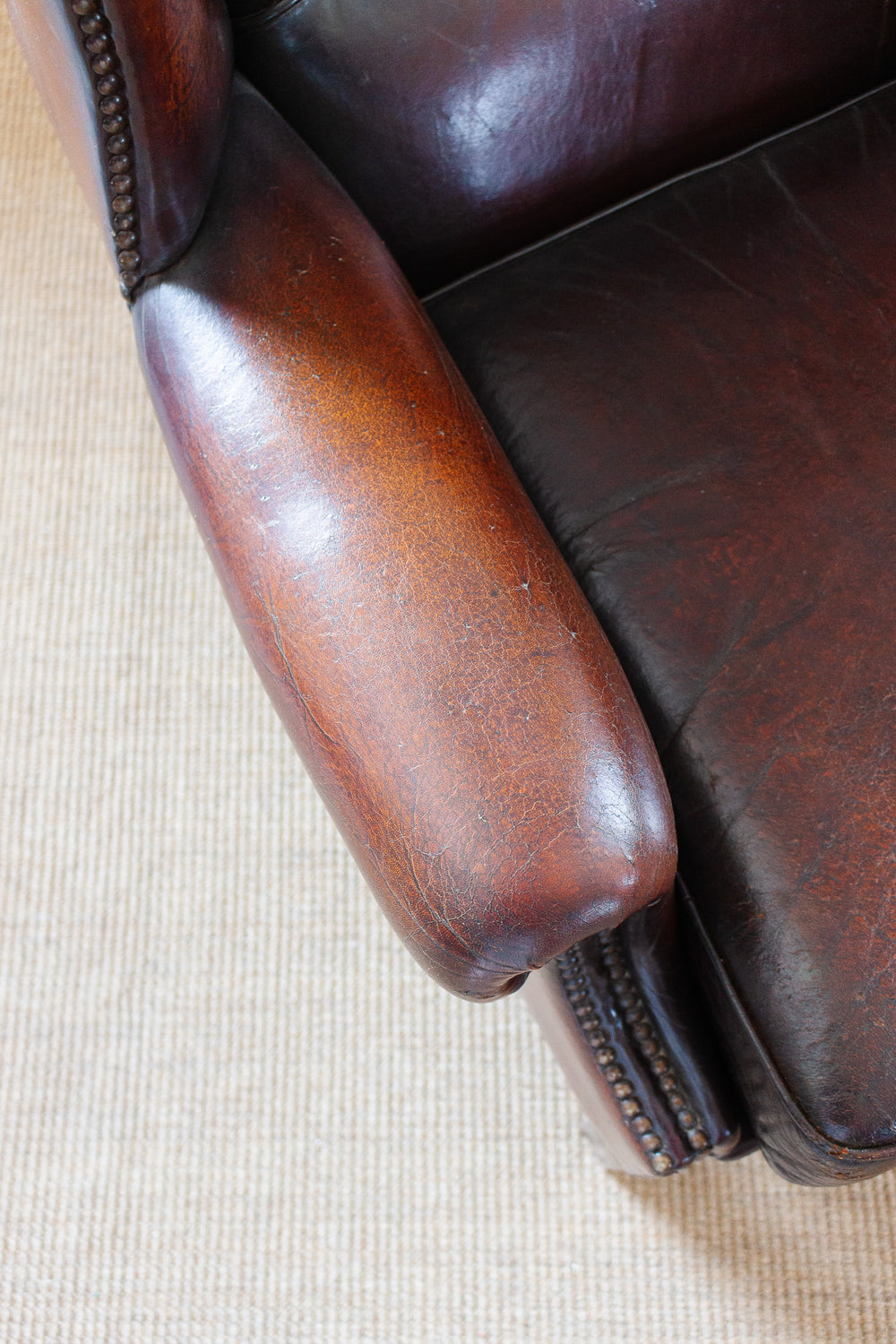 vintage European sheepskin leather wingback chair