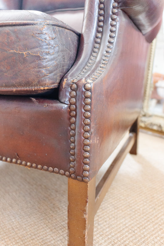 vintage European sheepskin leather wingback chair