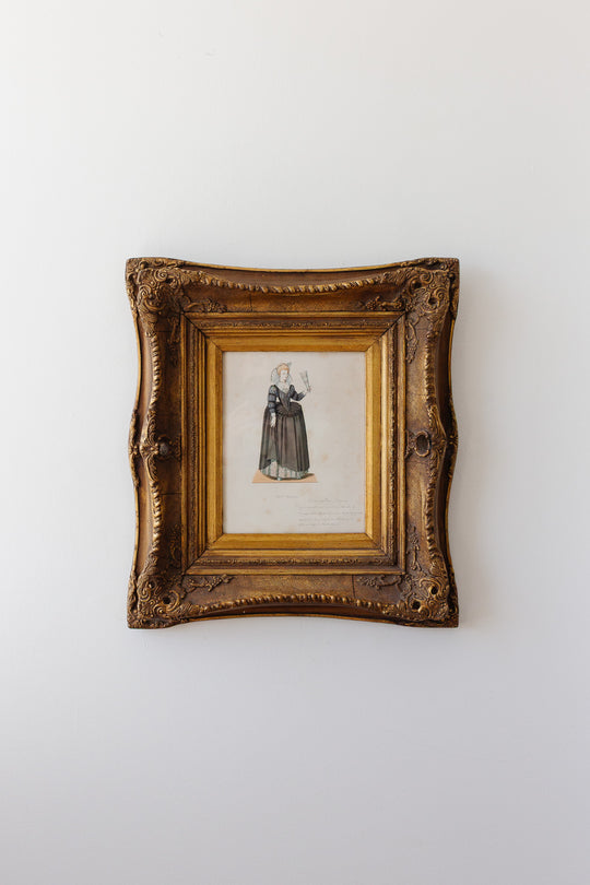 antique french hand coloured costume print "Damoiselle"