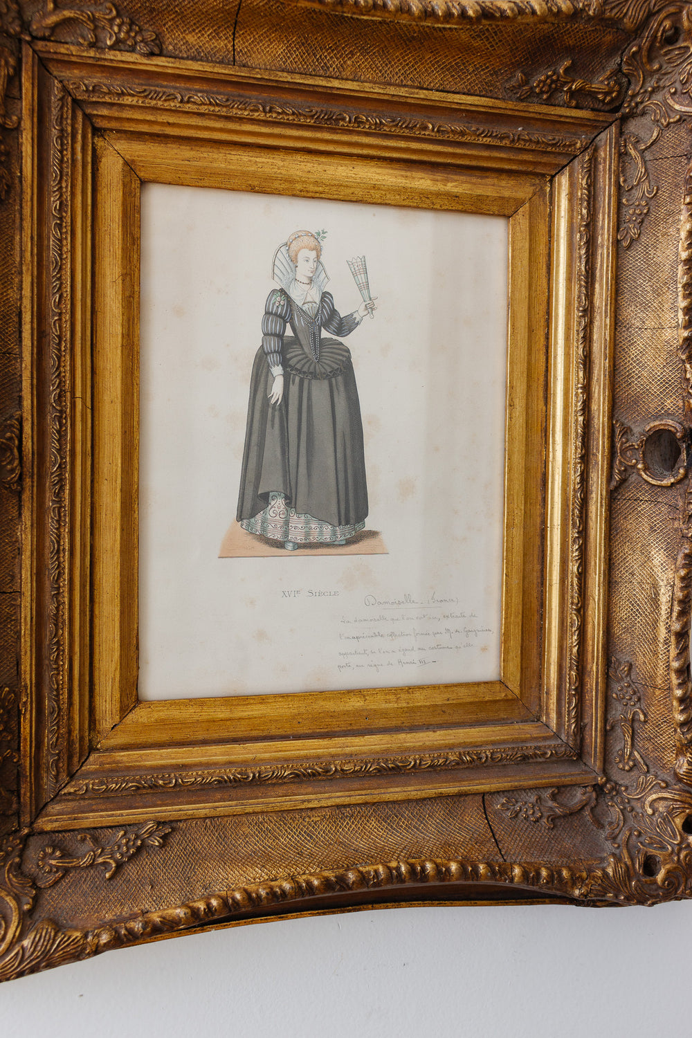 antique french hand coloured costume print "Damoiselle"