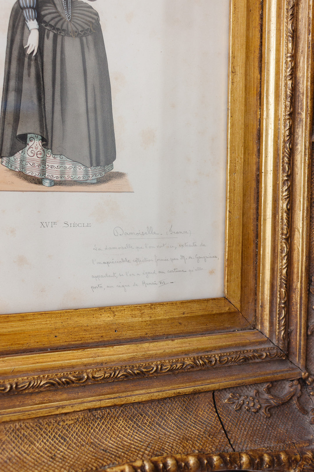 antique french hand coloured costume print "Damoiselle"