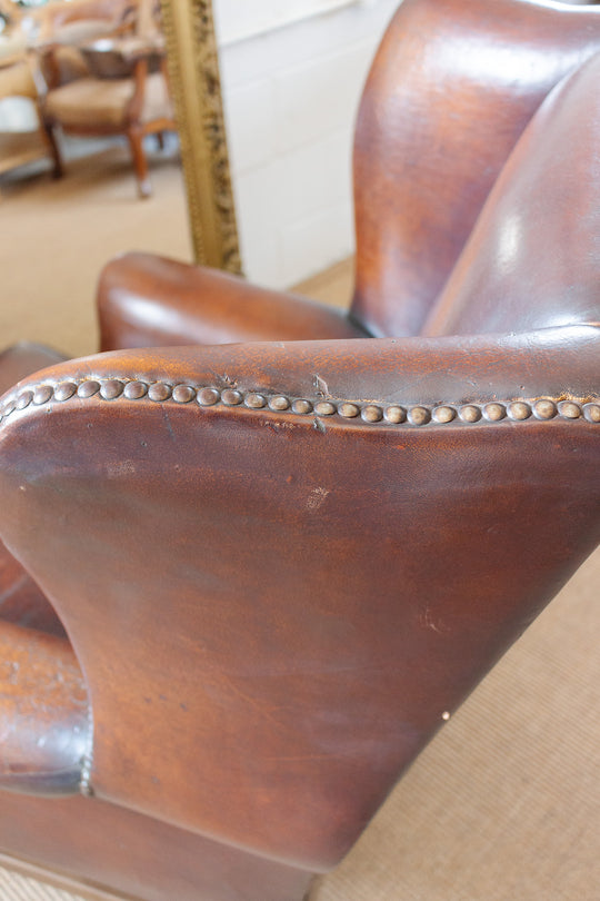 vintage European sheepskin leather wingback chair