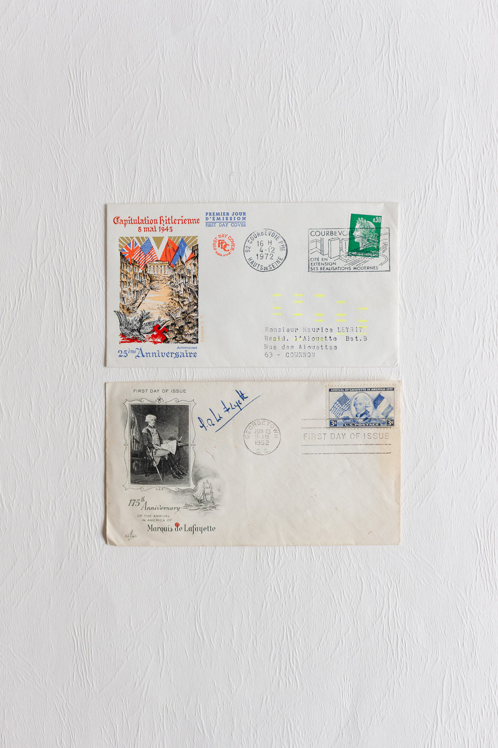 pair of vintage french mailed and stamped envelopes 1950s to 1970s