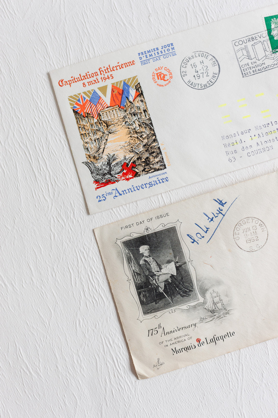 pair of vintage french mailed and stamped envelopes 1950s to 1970s