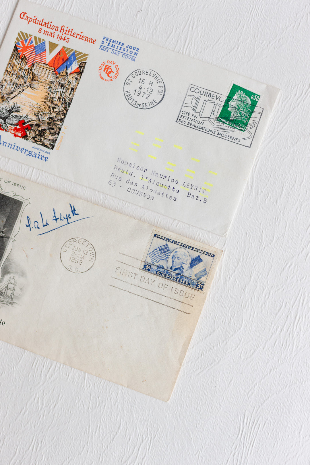 pair of vintage french mailed and stamped envelopes 1950s to 1970s