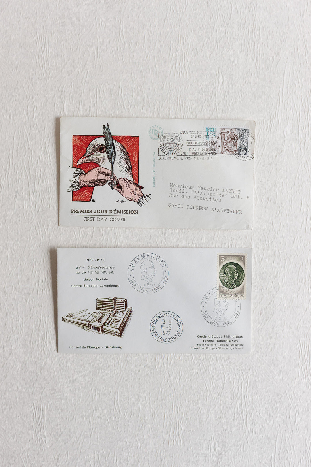 pair of vintage french mailed and stamped envelopes 1950s to 1970s