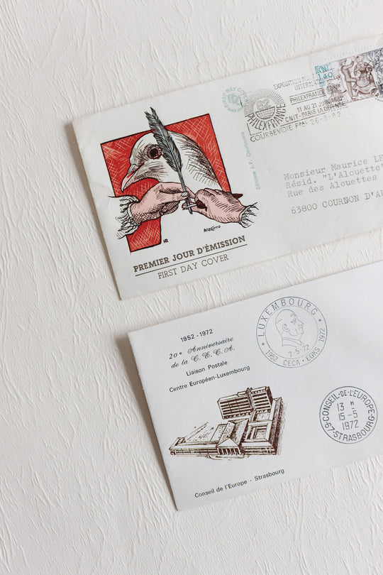 pair of vintage french mailed and stamped envelopes 1950s to 1970s