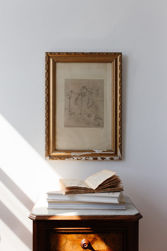 antique french satirical pencil drawing — "Oh! les fleurs! nous adorons les fleurs!"