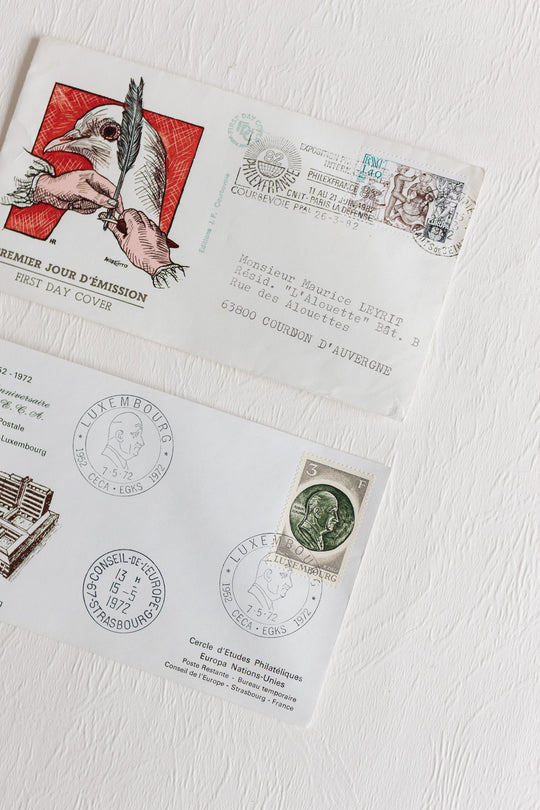 pair of vintage french mailed and stamped envelopes 1950s to 1970s