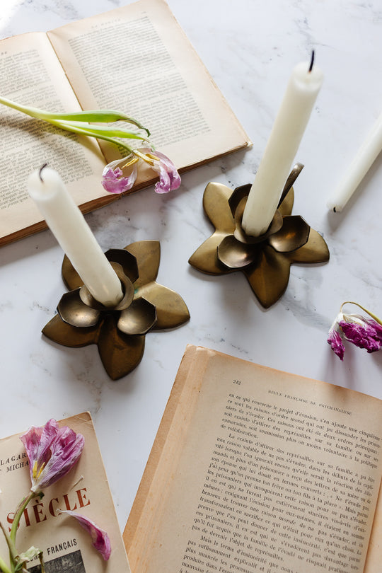 vintage french brass flower chamberstick pair