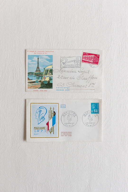 pair of vintage french mailed and stamped envelopes 1950s to 1970s