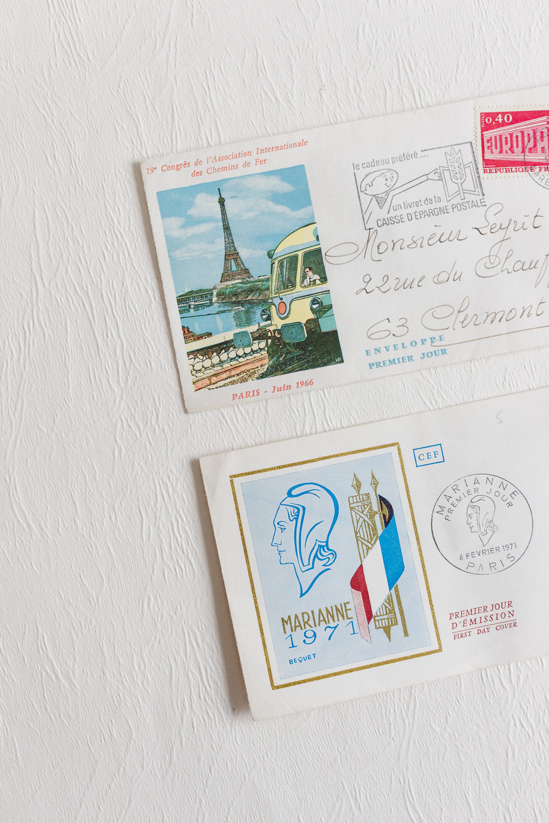 pair of vintage french mailed and stamped envelopes 1950s to 1970s