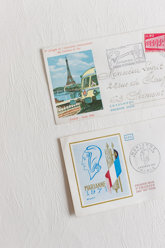 pair of vintage french mailed and stamped envelopes 1950s to 1970s