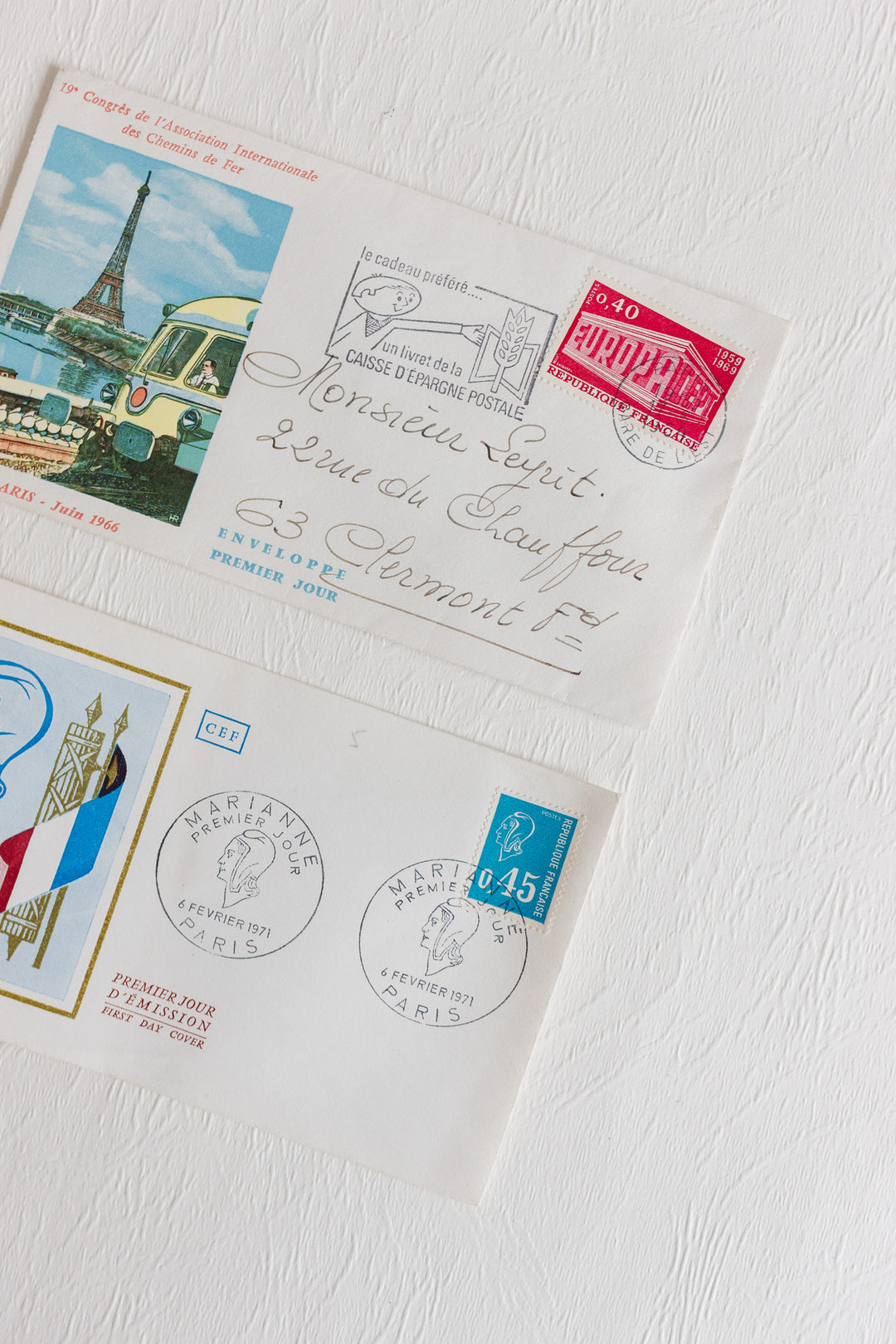 pair of vintage french mailed and stamped envelopes 1950s to 1970s