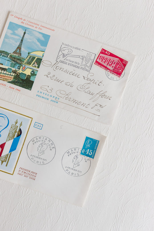 pair of vintage french mailed and stamped envelopes 1950s to 1970s
