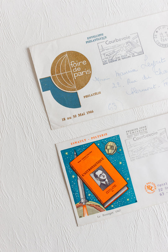 pair of vintage french mailed and stamped envelopes 1950s to 1970s