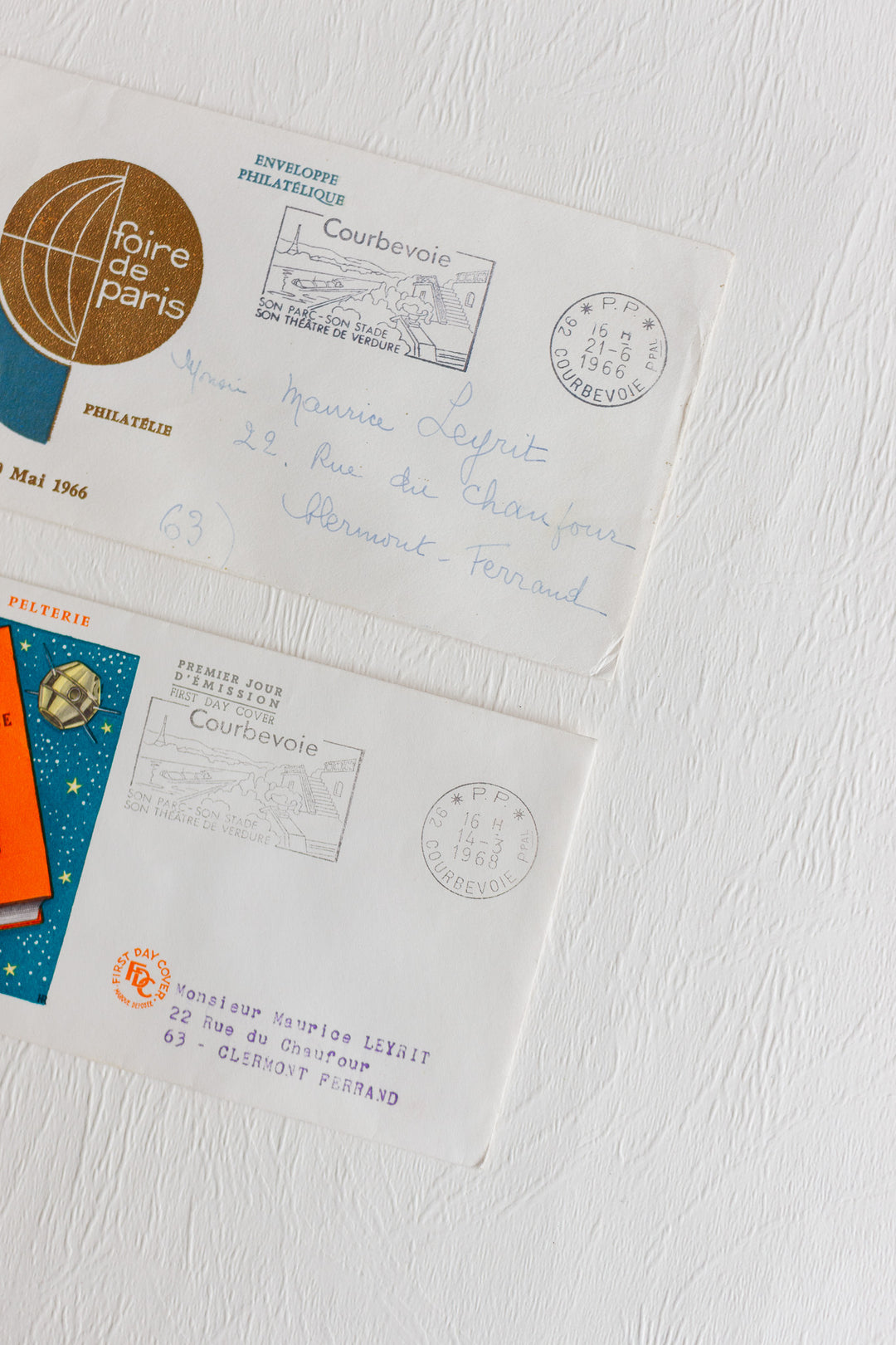 pair of vintage french mailed and stamped envelopes 1950s to 1970s