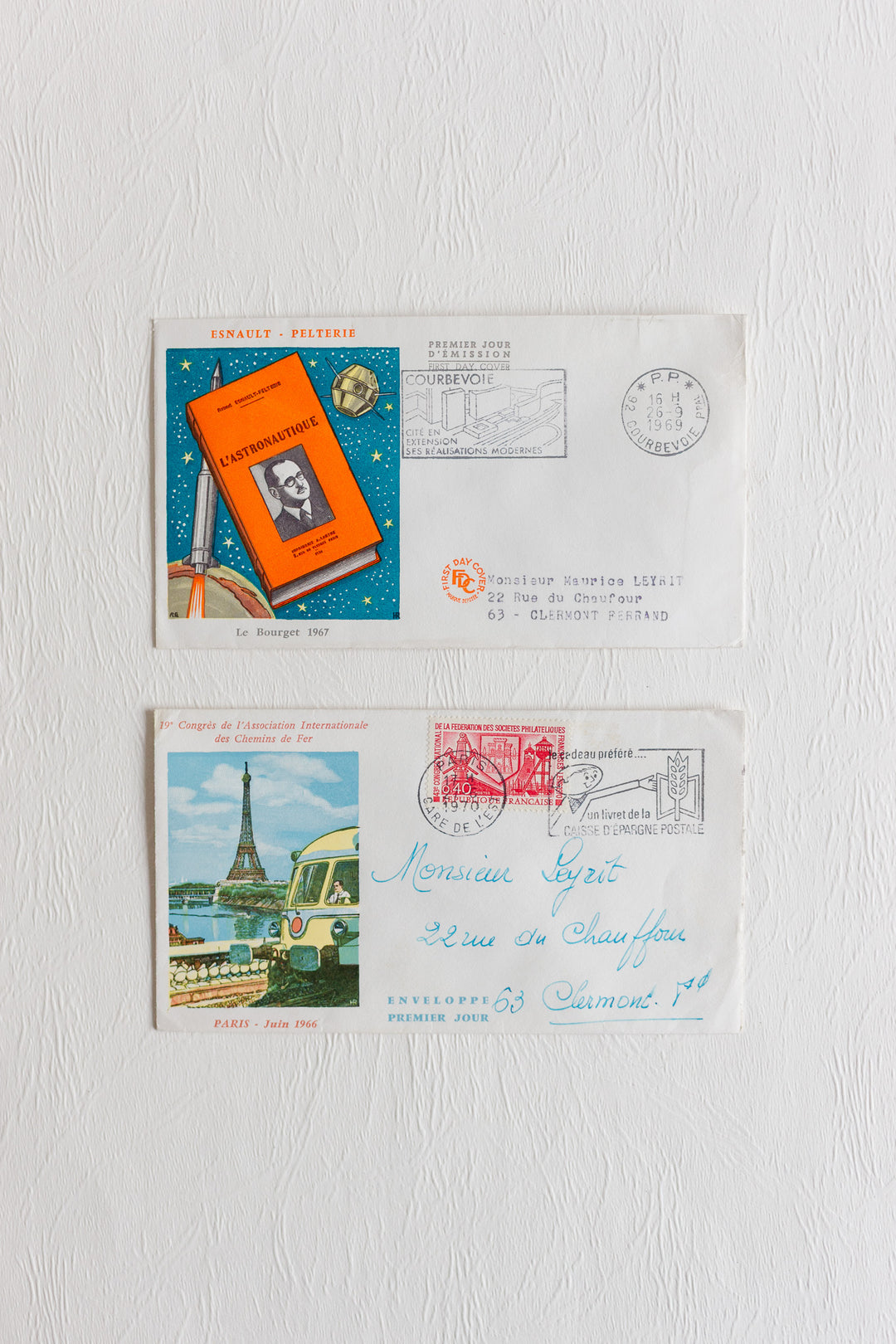 pair of vintage french mailed and stamped envelopes 1950s to 1970s