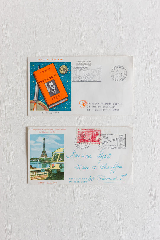 pair of vintage french mailed and stamped envelopes 1950s to 1970s