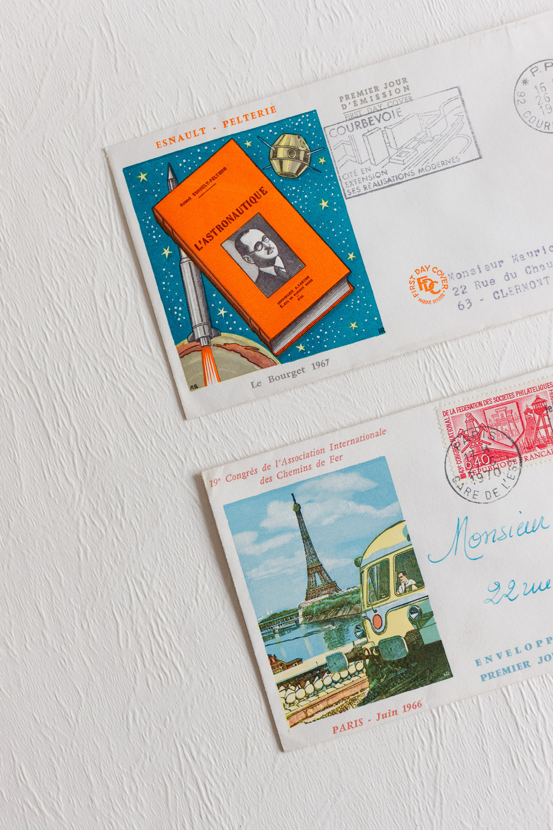 pair of vintage french mailed and stamped envelopes 1950s to 1970s