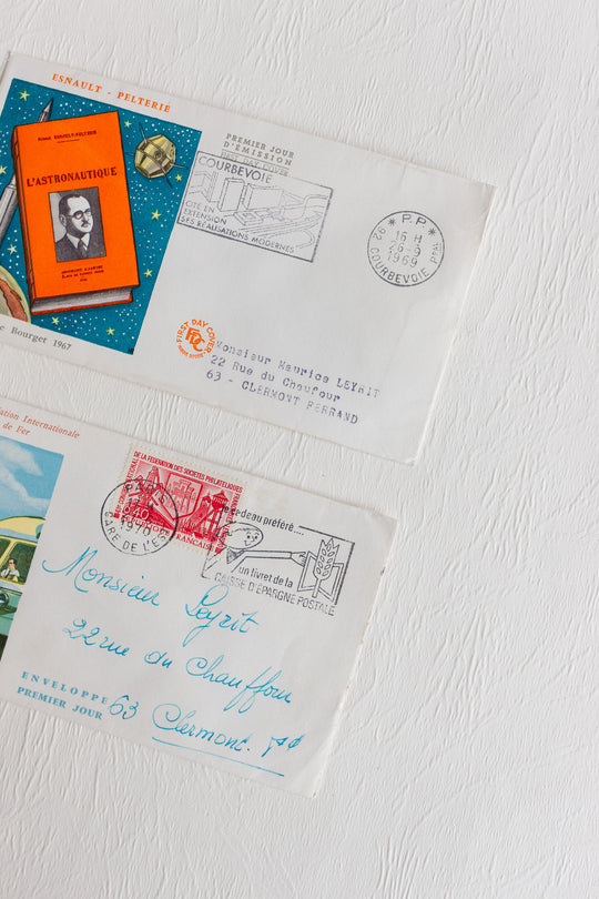 pair of vintage french mailed and stamped envelopes 1950s to 1970s