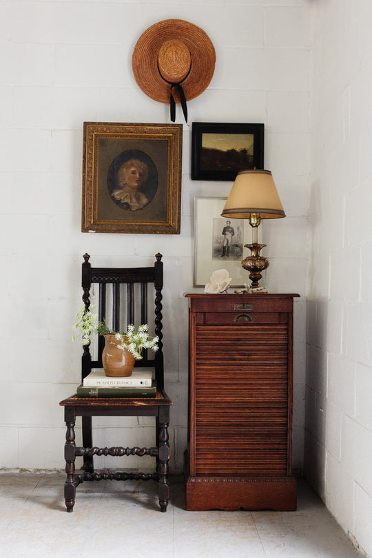 art deco oak tambour fronted filing cabinet with key