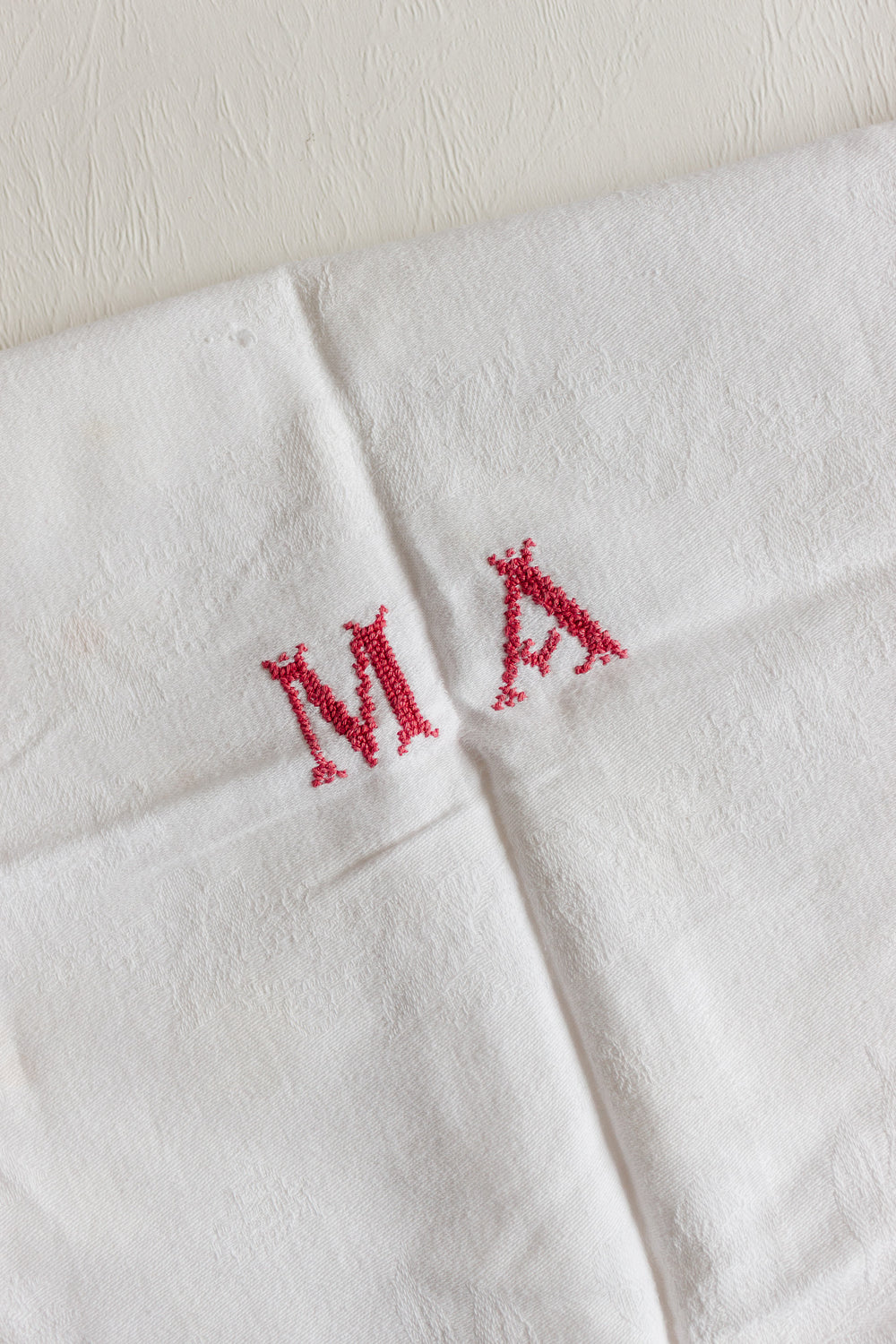 antique french embroidered monogrammed M.A. tablecloth