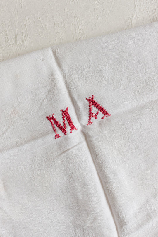 antique french embroidered monogrammed M.A. tablecloth
