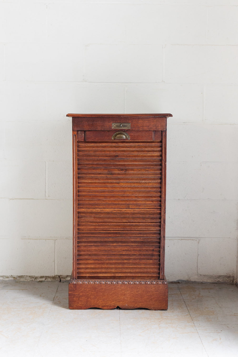 art deco oak tambour fronted filing cabinet with key