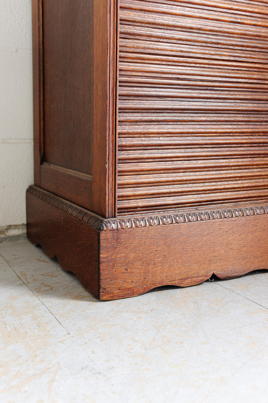 art deco oak tambour fronted filing cabinet with key