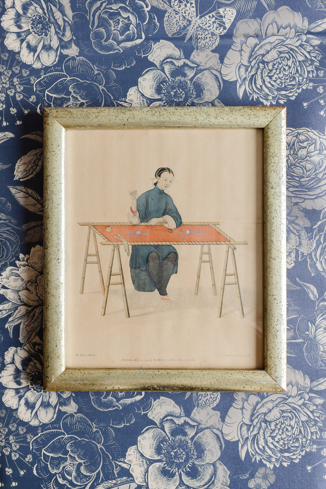 antique french chinoiserie hand tinted print