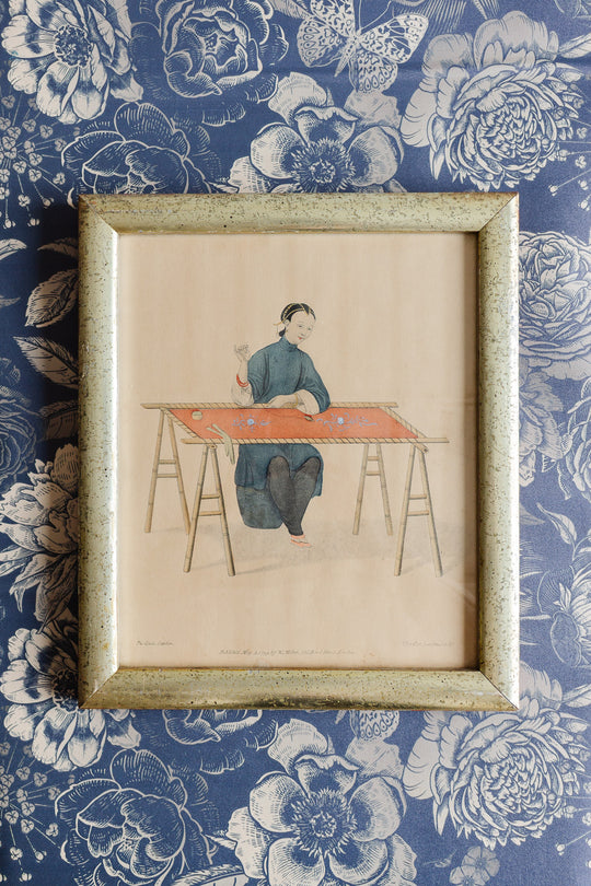 antique french chinoiserie hand tinted print