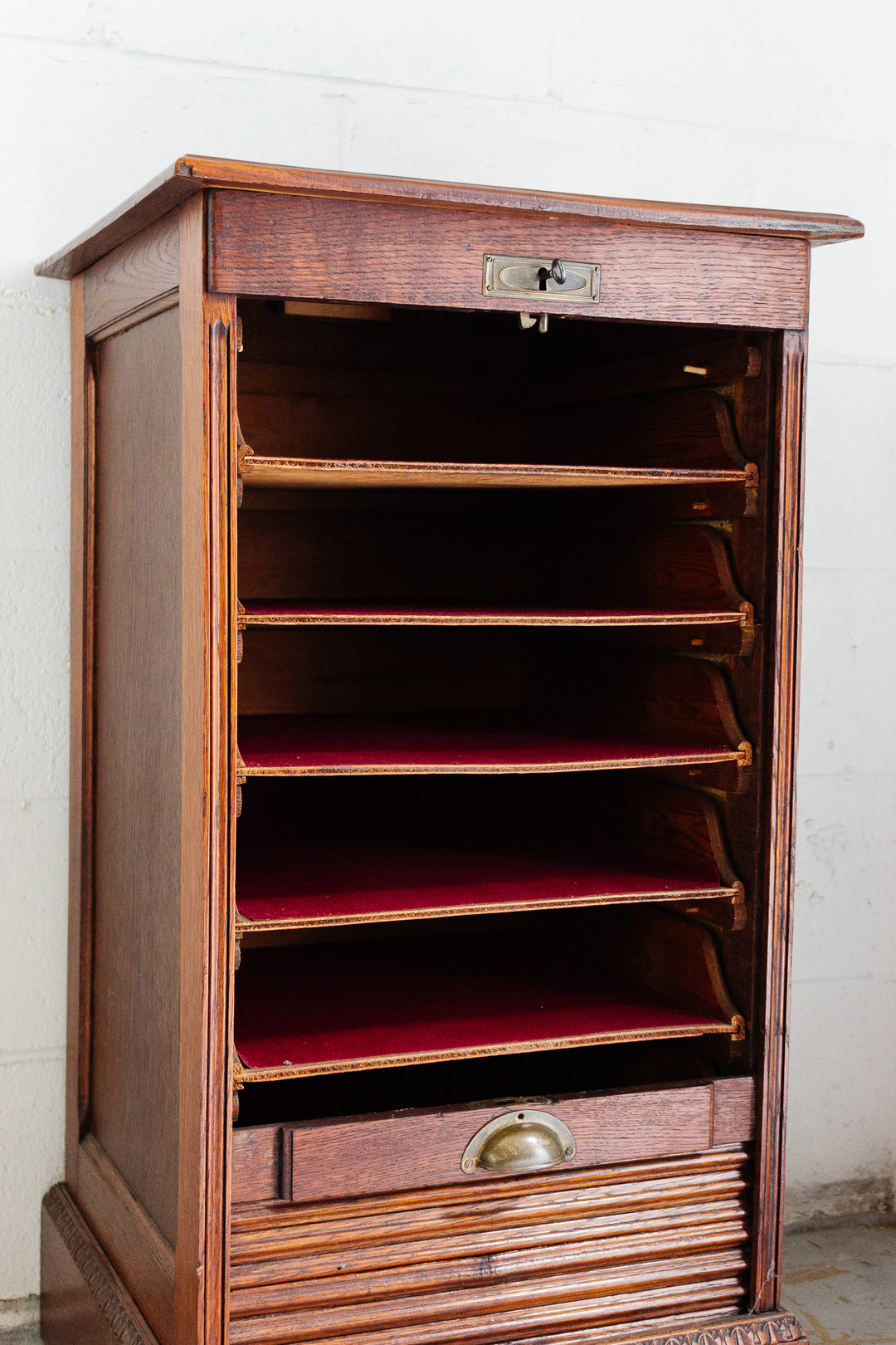 art deco oak tambour fronted filing cabinet with key