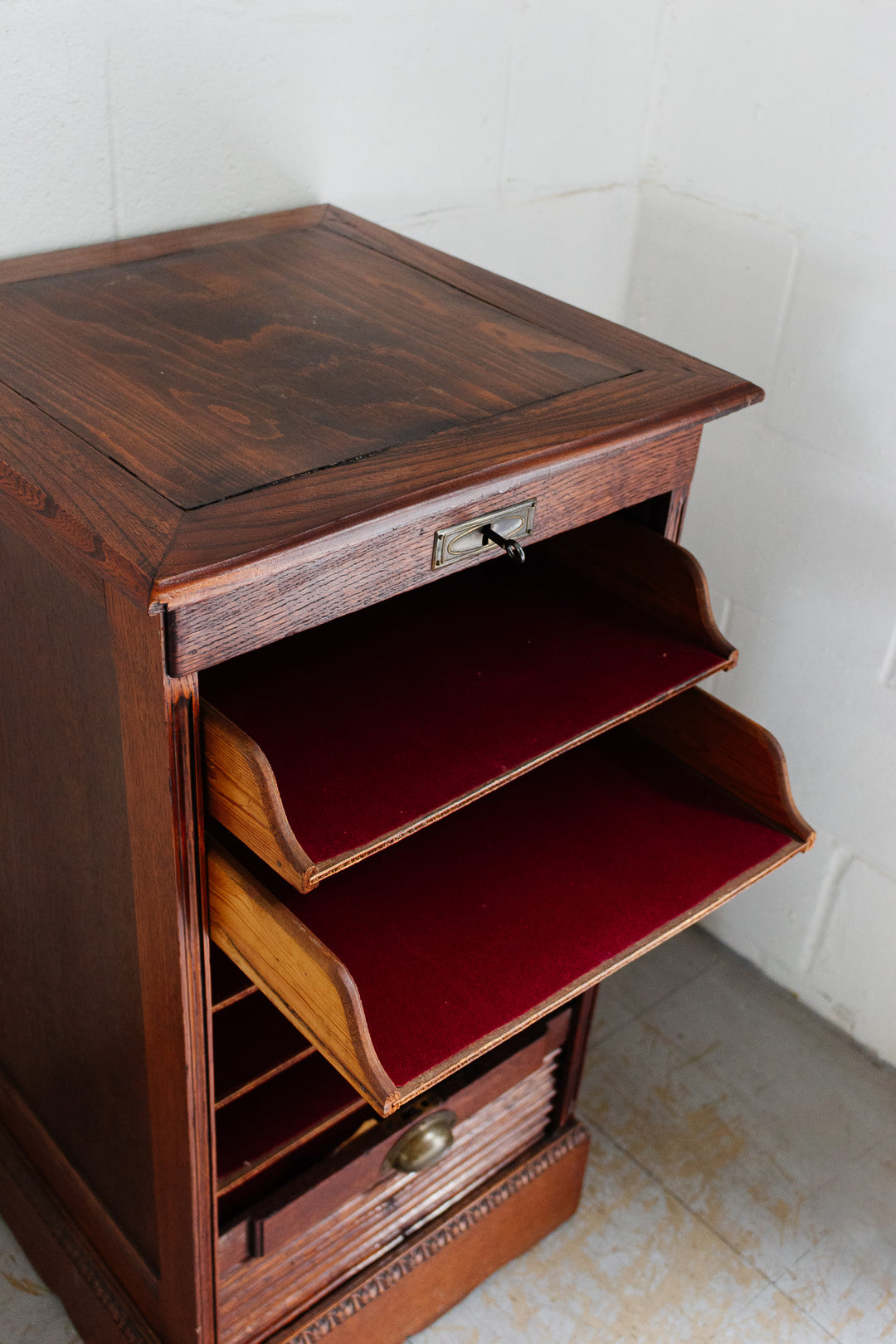 art deco oak tambour fronted filing cabinet with key