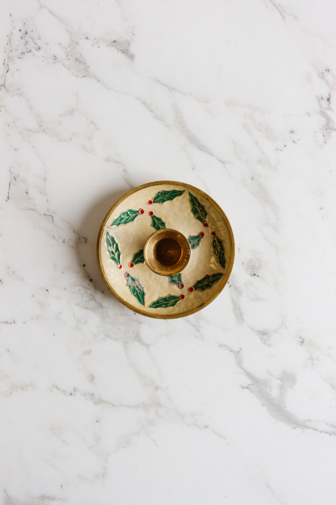 vintage french cloisonné holly candlestick