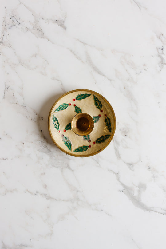 vintage french cloisonné holly candlestick