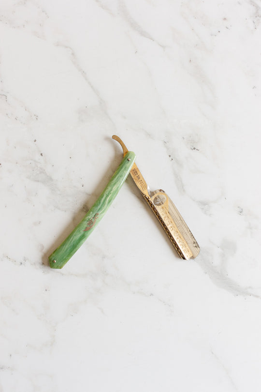 antique german ERN solingen straight razor with green celluloid handle with original box