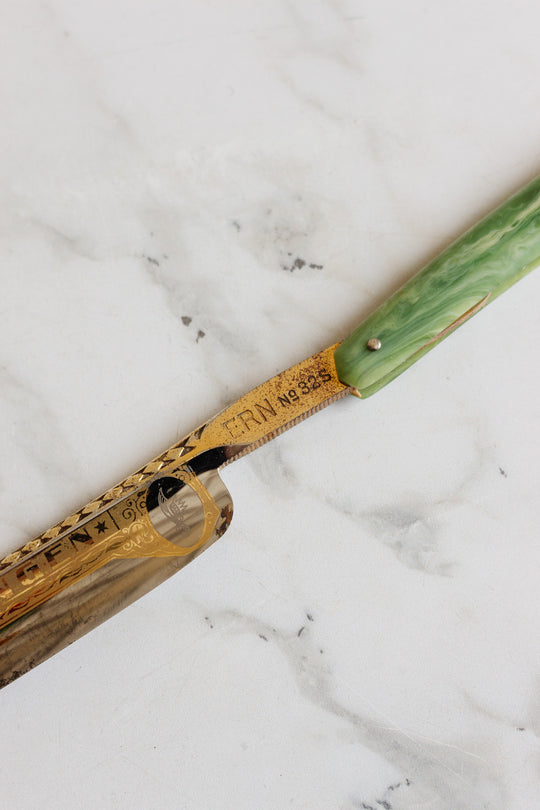 antique german ERN solingen straight razor with green celluloid handle with original box