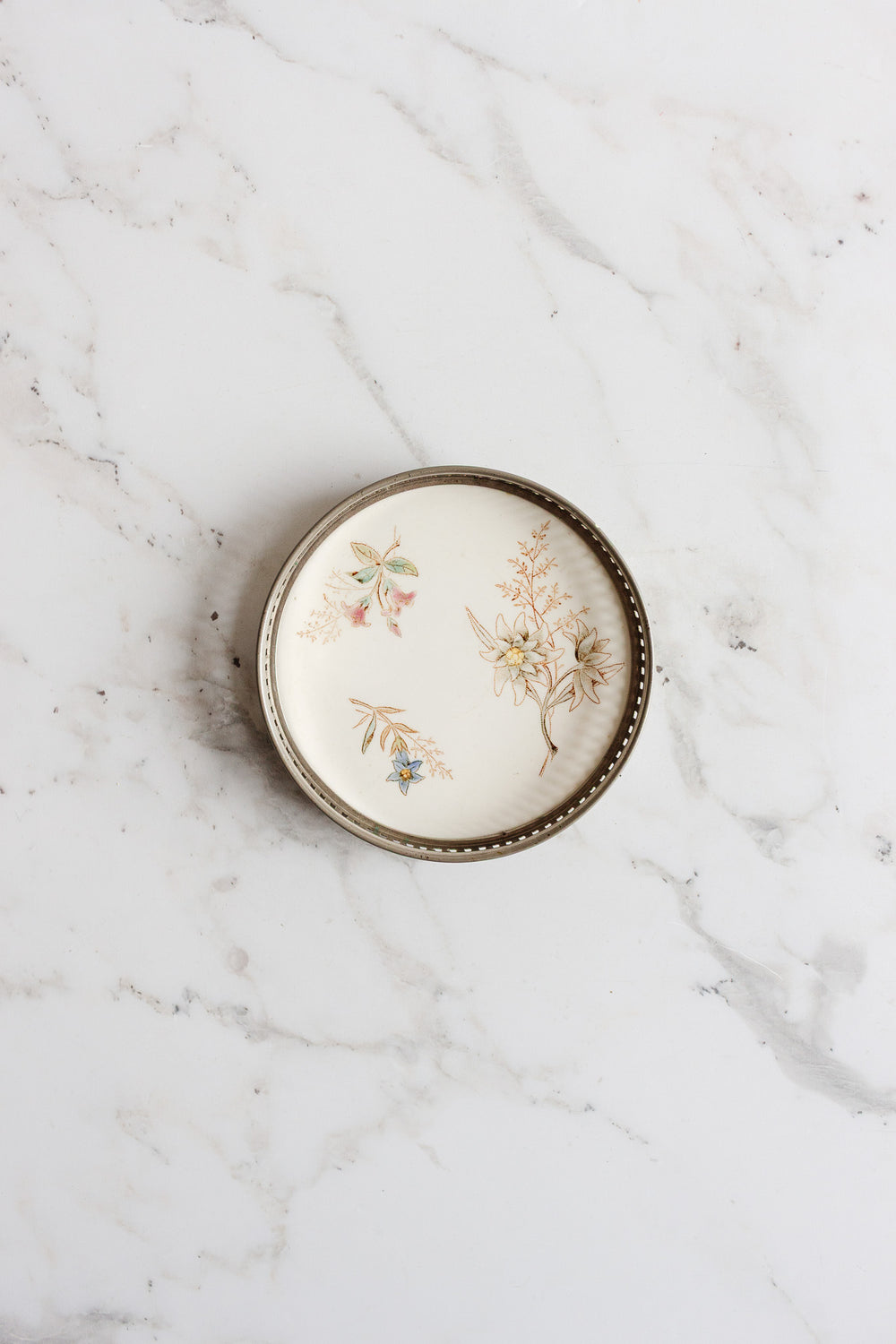 rare antique french polychrome porcelain "sous bouteille" with reticulated metal surround