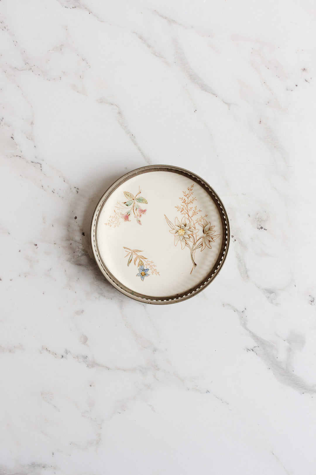 rare antique french polychrome porcelain "sous bouteille" with reticulated metal surround
