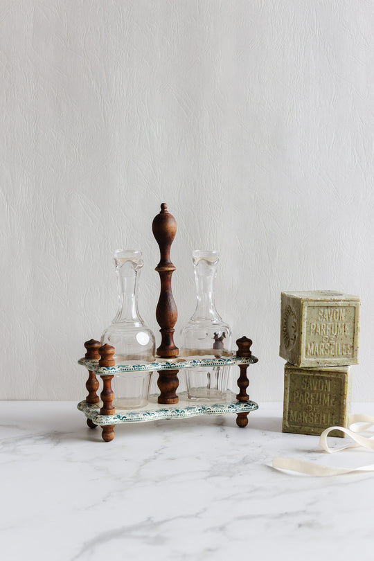 antique french transferware and turned wood oil and vinegar set