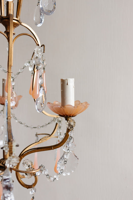 midcentury French opaline chandelier with crystals and Murano glass drops