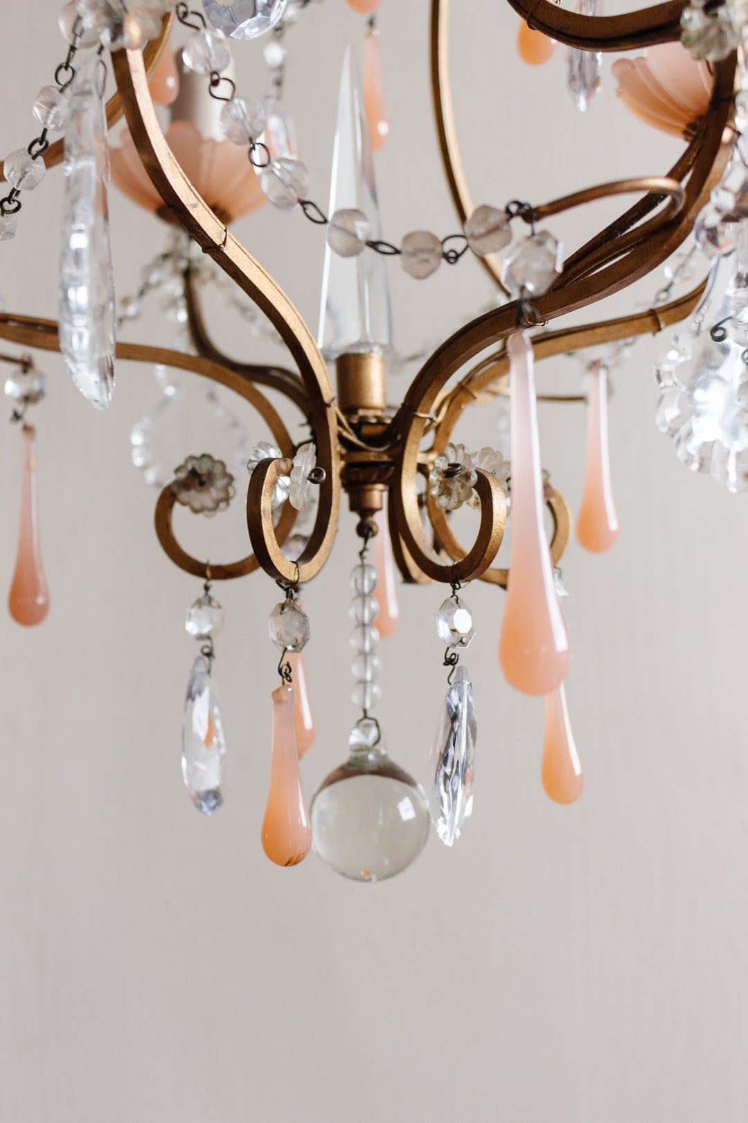 midcentury French opaline chandelier with crystals and Murano glass drops