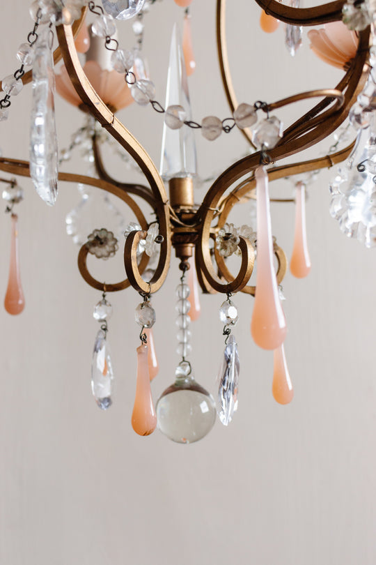 midcentury French opaline chandelier with crystals and Murano glass drops