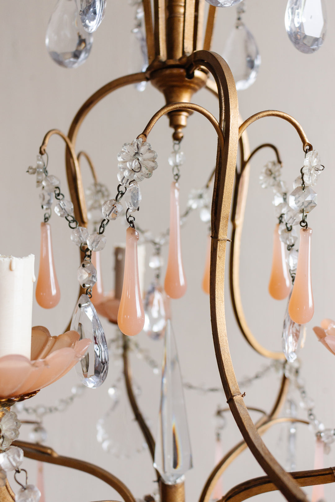 midcentury French opaline chandelier with crystals and Murano glass drops