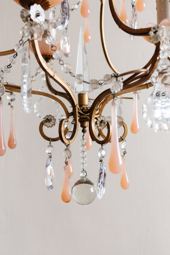 midcentury French opaline chandelier with crystals and Murano glass drops