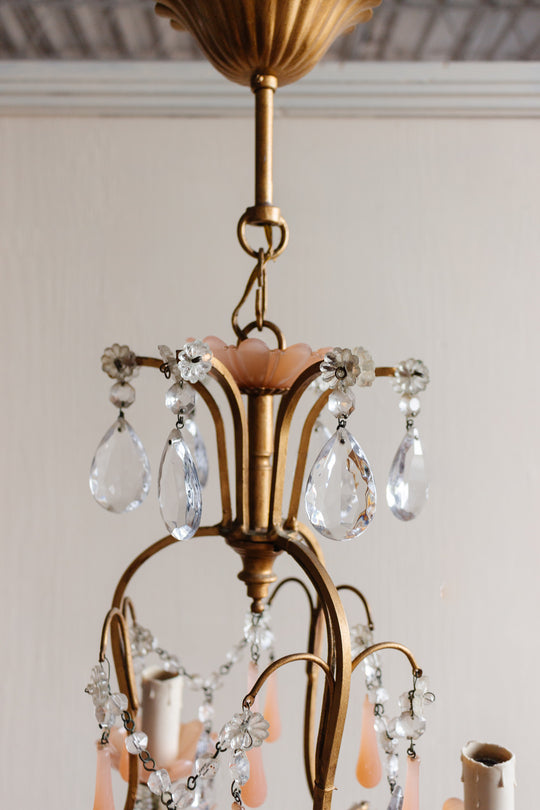 midcentury French opaline chandelier with crystals and Murano glass drops