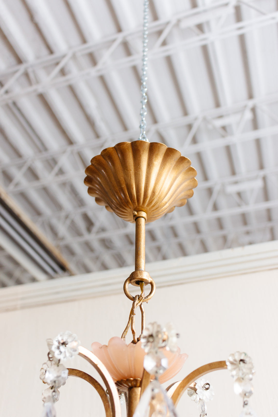 midcentury French opaline chandelier with crystals and Murano glass drops