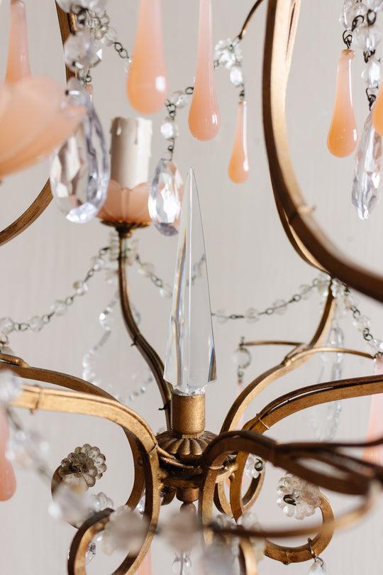 midcentury French opaline chandelier with crystals and Murano glass drops
